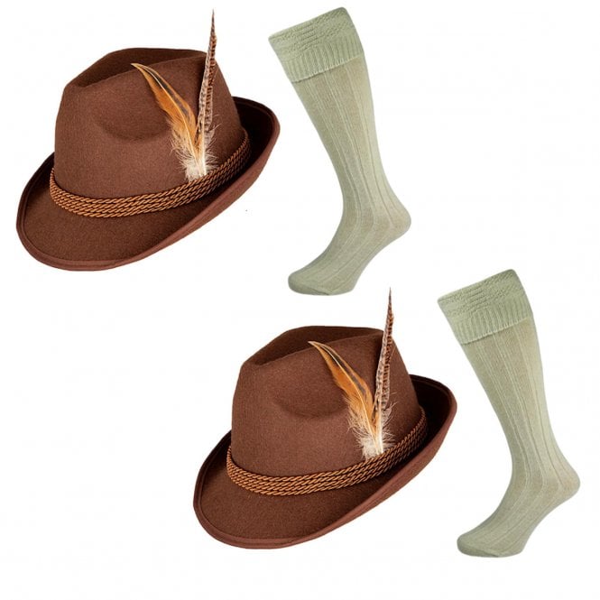2 x Brown Bavarian Oktoberfest Hats + 2 Wool Blend Socks 