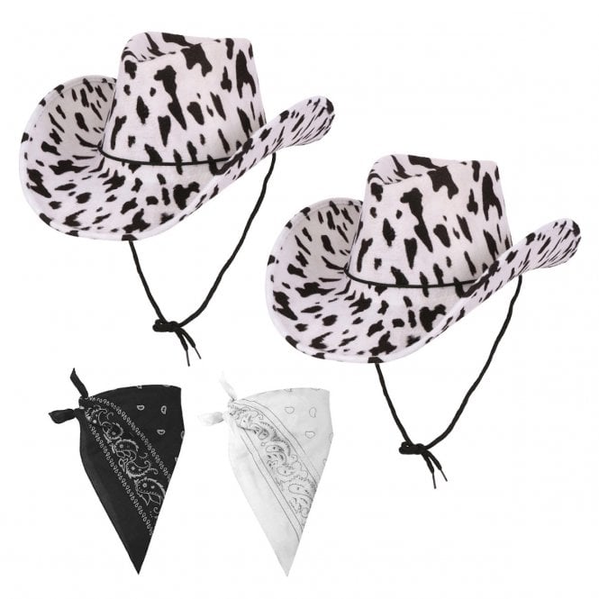 2 x Cowprint Texan Cowboy Hats + 2 BANDANAS (1 x White + 1 x Black)