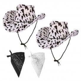 2 x Cowprint Texan Cowboy Hats + 2 BANDANAS (1 x White + 1 x Black)