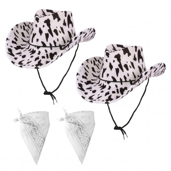 2 x Cowprint Texan Cowboy Hats + 2 x White Bandanas 