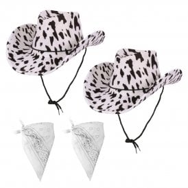 2 x Cowprint Texan Cowboy Hats + 2 x White Bandanas 