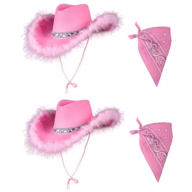 2 x PINK Marabou Feather Texan Cowgirl Hats + 2 x PINK Bandanas