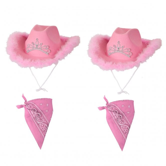 2 x PINK TIARA & Marabou Feather Cowgirl Hats + 2 x Pink Bandanas