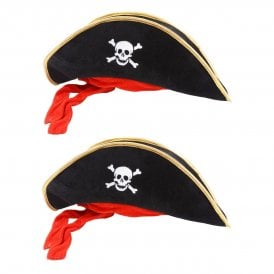 2 x Pirate Hat - Black with Gold Trim & Red Bandana - Adult Accessory