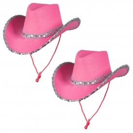 2 x Texan Cowgirl Hat - Hot Pink with Sequins