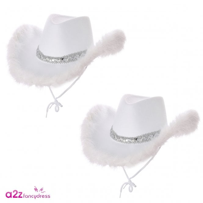 2 x WHITE Marabou Feather & Sequin Texan Cowgirl Hats **IMPERFECTS**