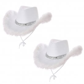 2 x WHITE Marabou Feather Texan Cowgirl Hats