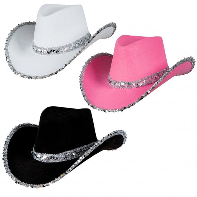 3 ASSORTED Texan Cowgirl SEQUIN Hats : 1 x HOT PINK; 1 x WHITE; 1 x BLACK 