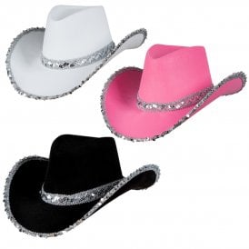 3 ASSORTED Texan Cowgirl SEQUIN Hats : 1 x HOT PINK; 1 x WHITE; 1 x BLACK 