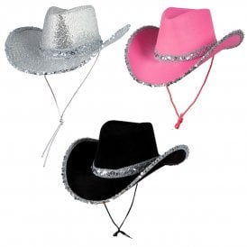 3 ASSORTED Texan Cowgirl Sequin Hats : 1 x SILVER; 1 x HOT PINK; 1 x BLACK 