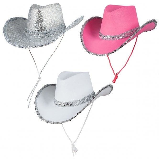 3 ASSORTED Texan Cowgirl Sequin Hats : 1 x SILVER; 1 x HOT PINK; 1 x WHITE 