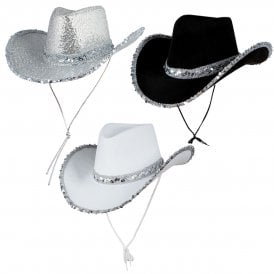 3 ASSORTED Texan Cowgirl Sequin Hats : 1 x SILVER; 1 x WHITE; 1 x BLACK 
