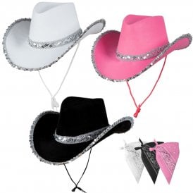 3 ASSORTED Texan Cowgirl SEQUIN Hats (Black, Hot Pink, White) + 3 x Bandanas (6-Piece)