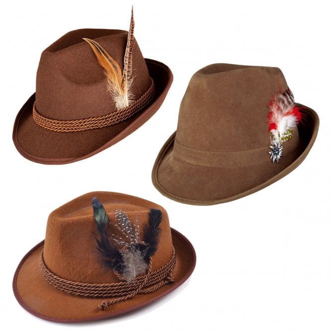 3 x Adult Brown Deluxe Bavarian Oktoberfest Hats (3 Styles)