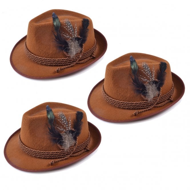 3 x Adult Deluxe Oktoberfest Bavarian Brown Hats 