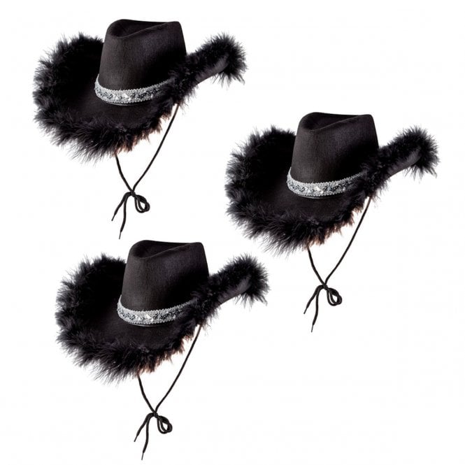 3 x BLACK Marabou Feather with Sequins Texan Cowgirl Hat 