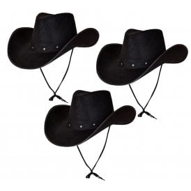3 X Texan Cowboy Black Hats - Adult Accessory Set