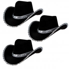 3 x Texan Cowgirl Hat, Black with Sequins - Adult Accessory