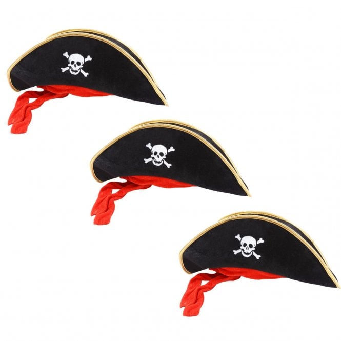 3 x Pirate Hat - Black with Gold Trim & Red Bandana - Adult Accessory