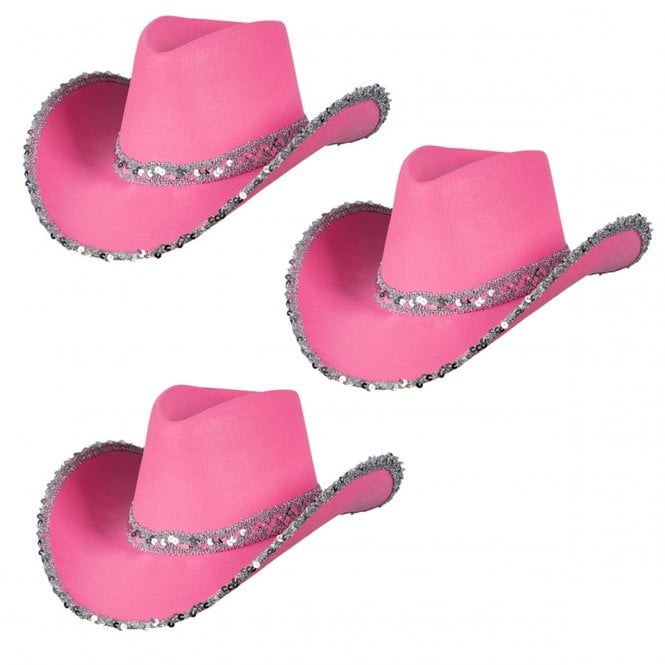 3 x Texan Cowgirl Hat - Hot Pink with Sequins
