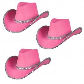 3 x Texan Cowgirl Hat - Hot Pink with Sequins