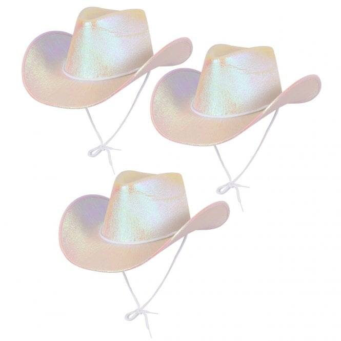 3 x WHITE IRIDESCENT Texan Cowgirl Hats 	