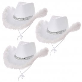 3 x WHITE Marabou Feather Texan Cowgirl Hats