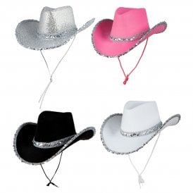 4 ASSORTED Texan Cowgirl Sequin Hats : 1 x HOT PINK; 1 x WHITE; 1 x BLACK; 1 x SILVER