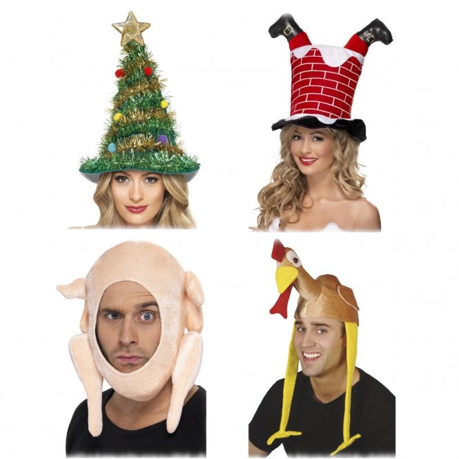 4 Christmas Hats - (Turkey Gobbler, Stuffed Turkey, Santa Chimney, Christmas Tree) 