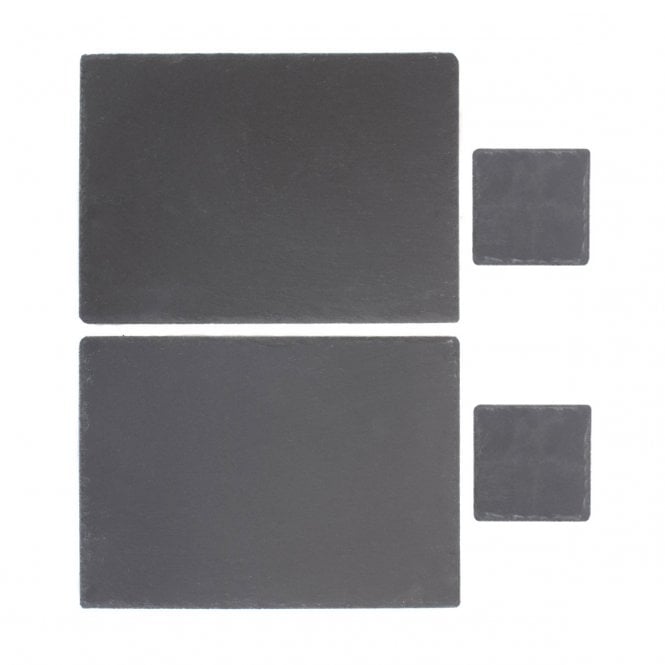 4 Piece Tableware Set : Square Slate Coaster Set of 2 + Large Rectangular Slate Place Mat Set of 2