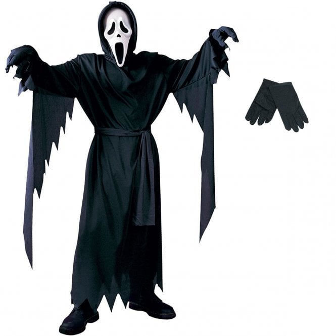 4 SIZES Kids Ghost Face® Classic Costume + Black Gloves 
