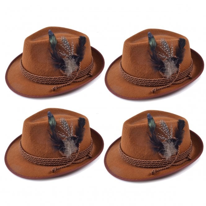 4 x Adult Deluxe Oktoberfest Bavarian Brown Hats 