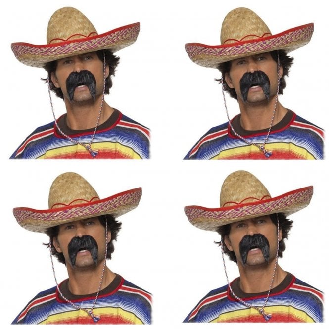 4 x Adult Mexican Sombrero + 4 x Gringo Tash (8 Piece)