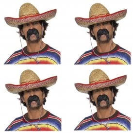 4 x Adult Mexican Sombrero + 4 x Gringo Tash (8 Piece)