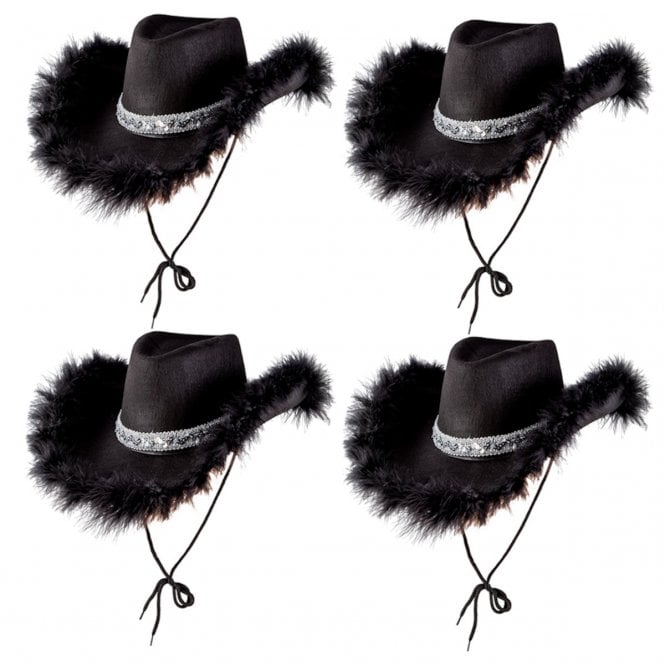 4 x BLACK Marabou Feather with Sequins Texan Cowgirl Hat 
