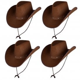4 X Texan Cowboy Dark Brown Hats - Adult Accessory Set 