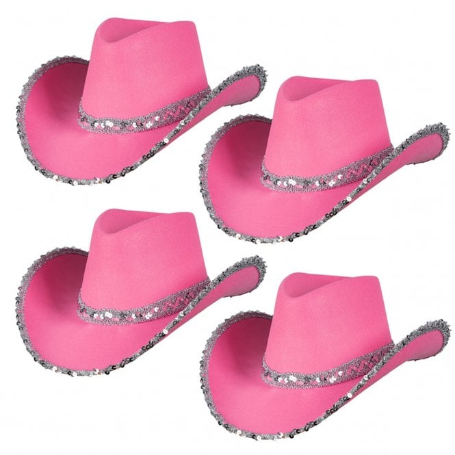 4 x Texan Cowgirl Hat - Hot Pink with Sequins