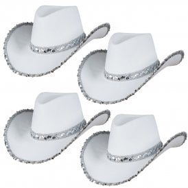 4 x Texan Cowgirl Hat - White with Sequins
