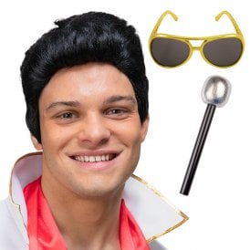 50's Rocker Wig + Gold Frame Glasses + Microphone