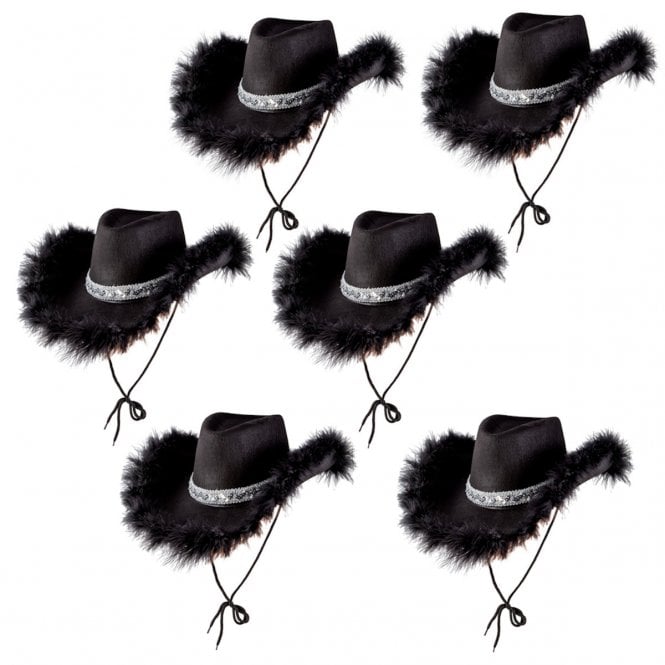 6 x BLACK Marabou Feather with Sequins Texan Cowgirl Hat 