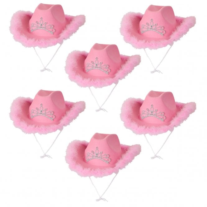 6 x PINK TIARA Cowgirl Hats with Marabou Feather