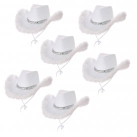 6 x WHITE Marabou Feather & Sequin Texan Cowgirl Hats