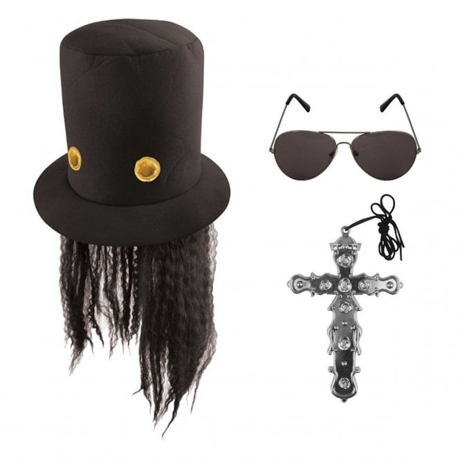 80s Heavy Metal Rock Star Guitar Player Hat with Hair + Aviator Glasses + Ornamental Silver Cross