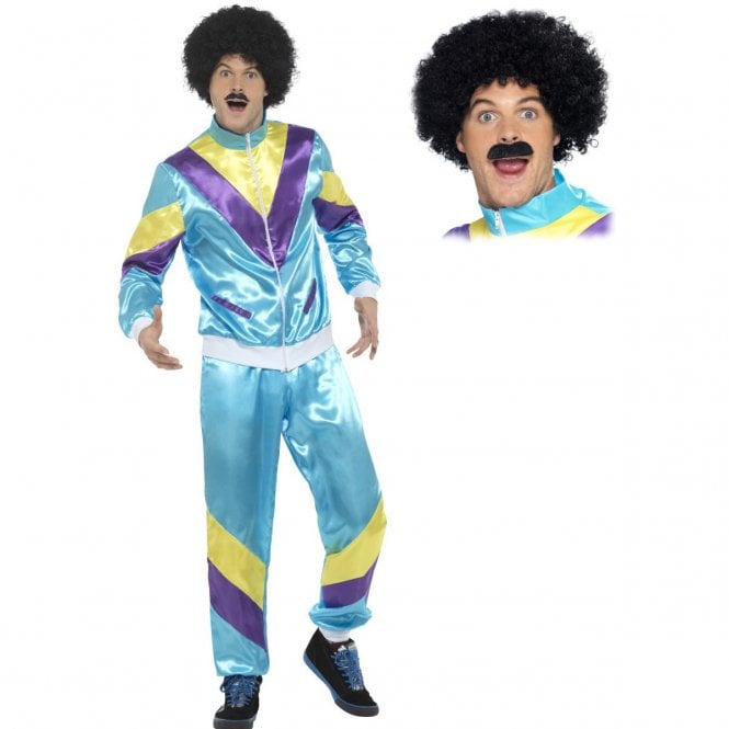 80's Height Of Fashion Shell Suit (Blue) + Wig & Tash
