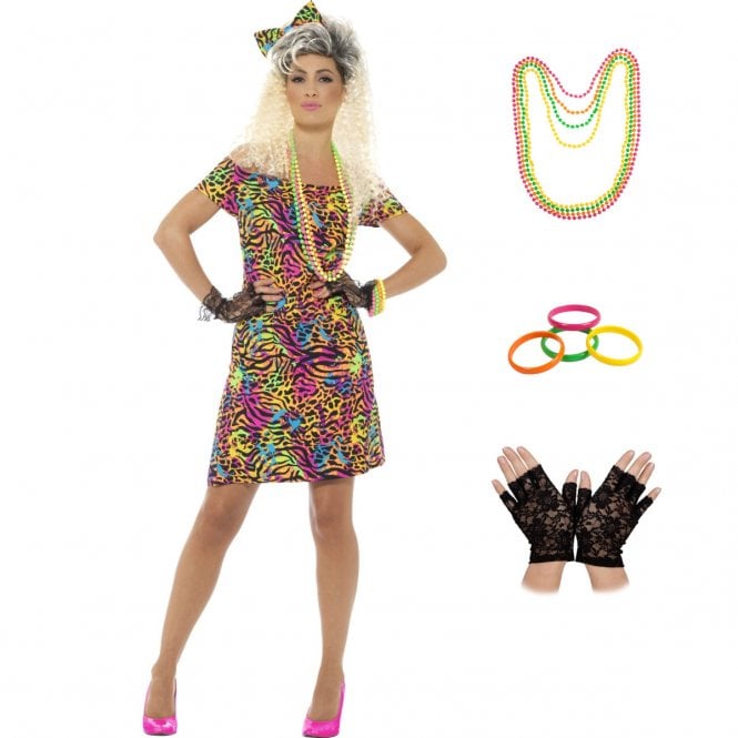 80's Party Animal + Fingerless Lace Gloves + 80's Neon Bangles 4pc Set + 4pc Neon Bead Necklace