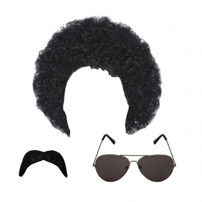 80s Scouser Black Afro + Dark Aviator Specs + Moustache Accessory Set
