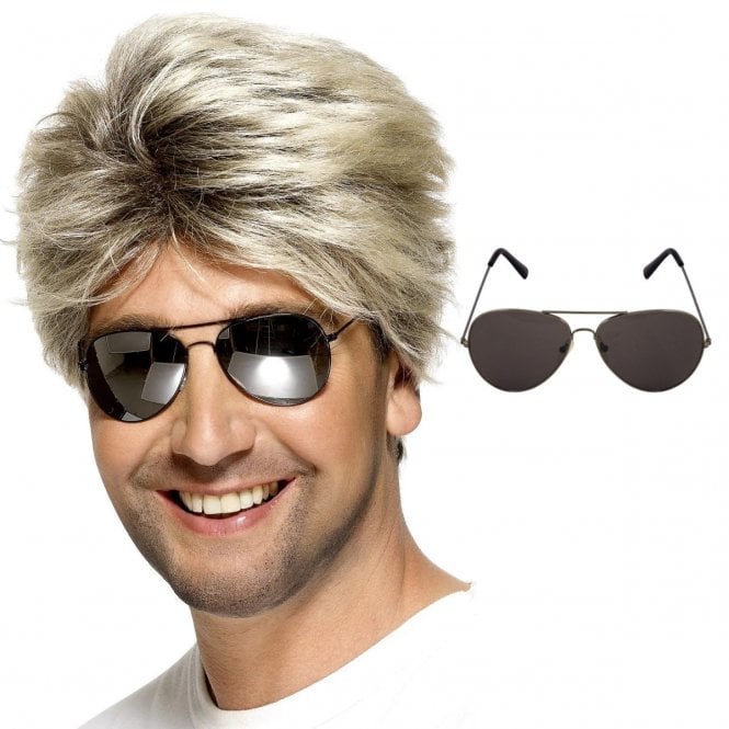 80s Street Wig + Dark Aviator Specs