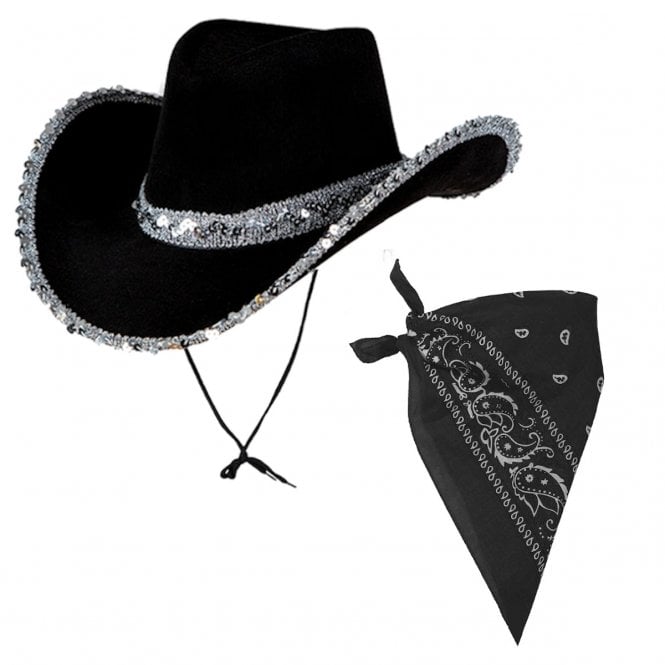 Adult 1 x BLACK Texan Cowgirl Sequin Hat + 1 x BLACK Bandana 