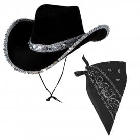 Adult 1 x BLACK Texan Cowgirl Sequin Hat + 1 x BLACK Bandana 
