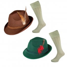 Adult 1 x Brown + 1 x Green Deluxe Bavarian Oktoberfest Hats + 2 x Cream Wool Blend Socks